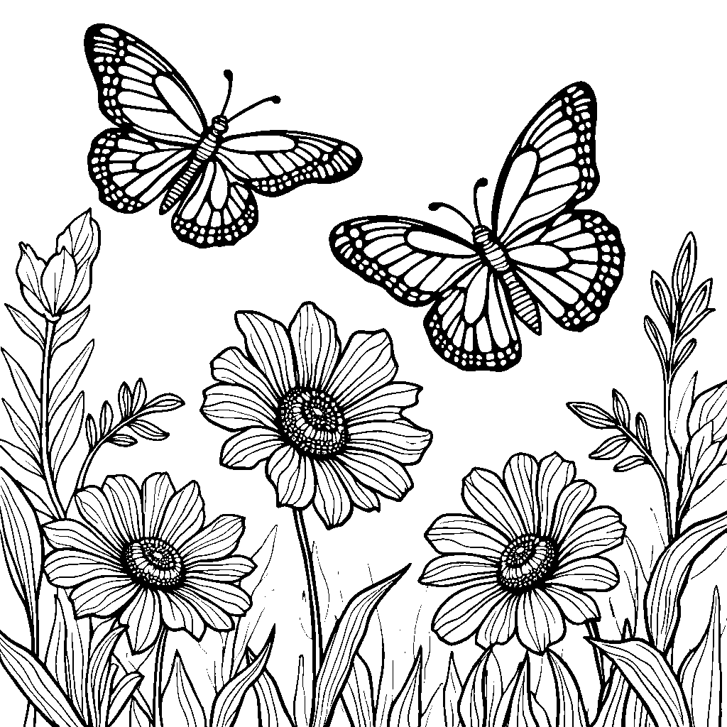 Three colorful butterflies fluttering around a flower