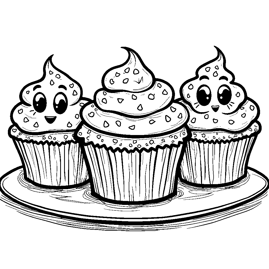 Three cupcakes with quirky, funny faces