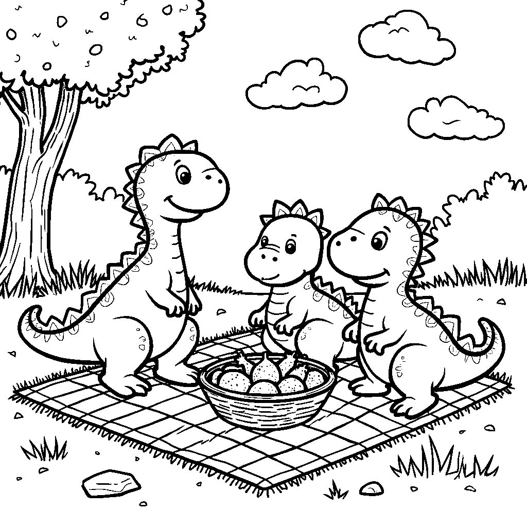 Three cute dinosaurs having a picnic