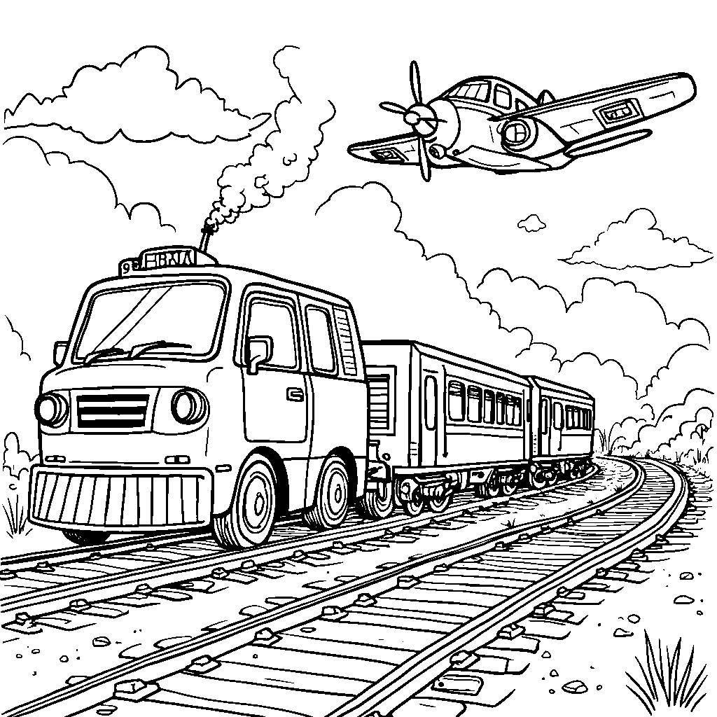 Three different modes of transportation: a car, a train, and a plane.