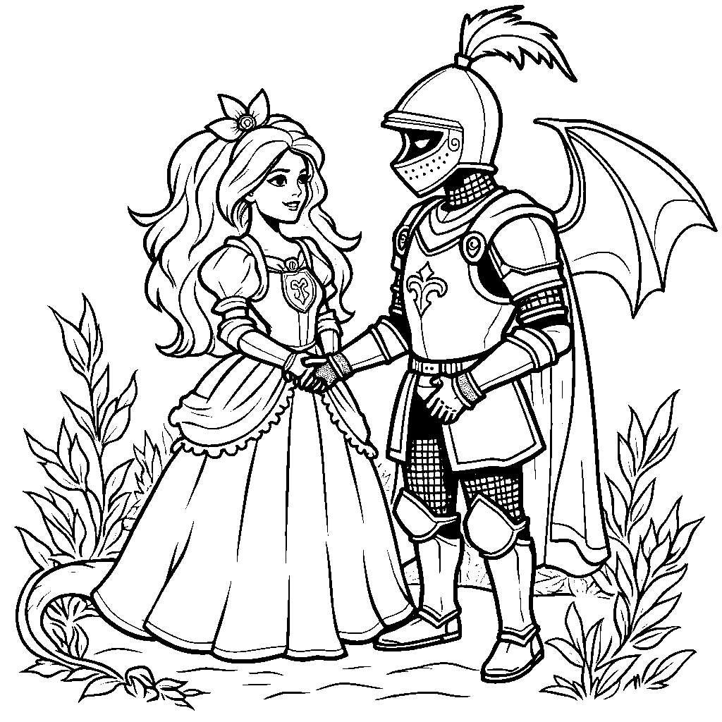 Three fairy tale characters: a knight, a princess, and a dragon.