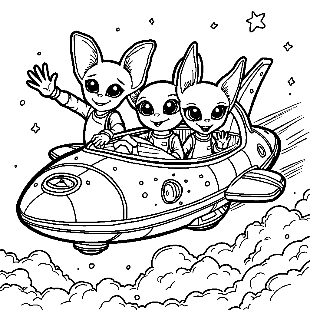 Three friendly aliens waving from their spaceship