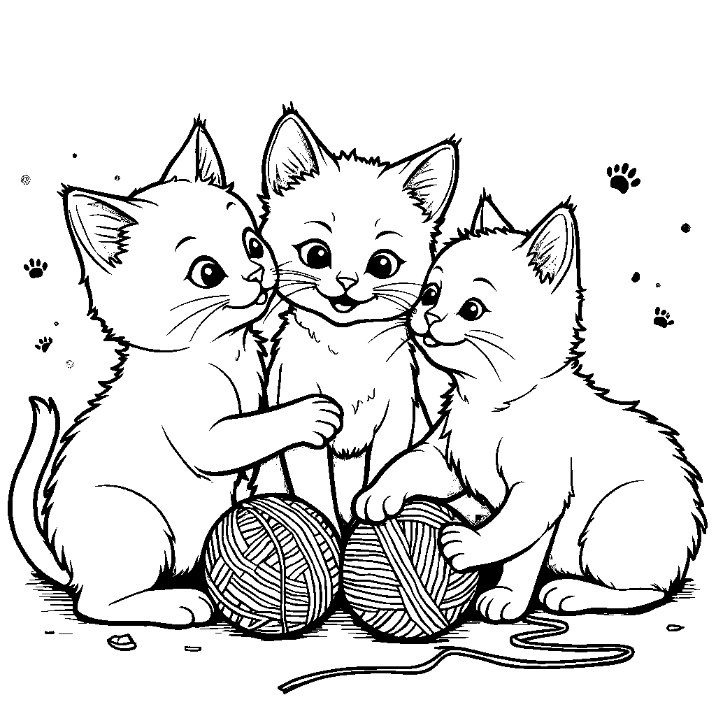 Three friendly cats playing with yarn