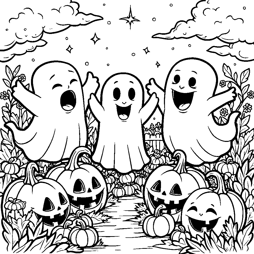 Three friendly ghosts playing in a pumpkin patch