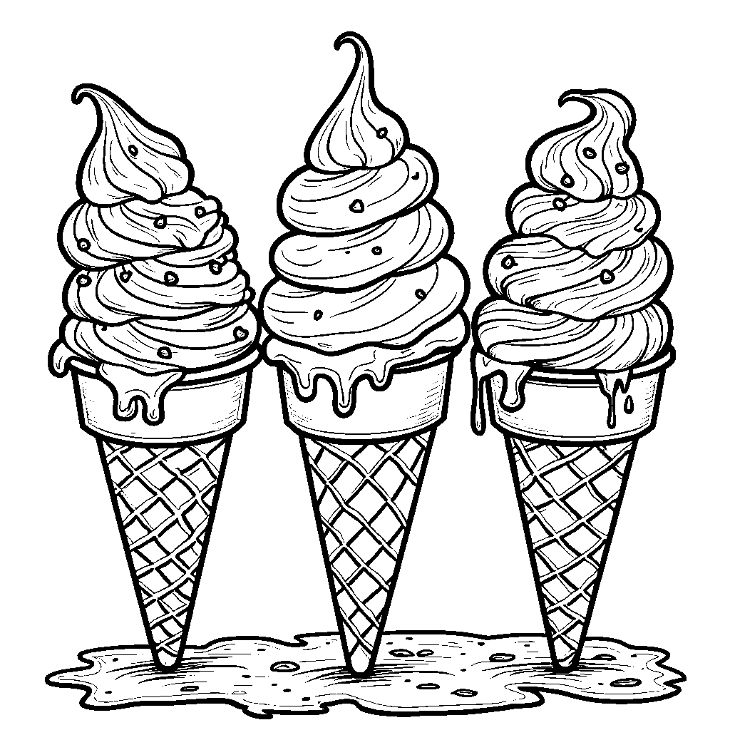 Three ice cream cones with different flavors and toppings