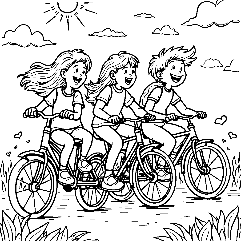 Three kids riding bikes together