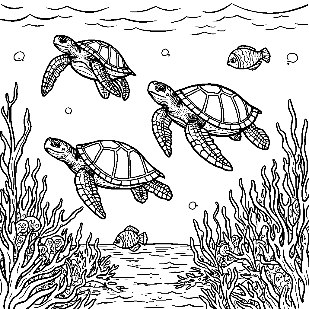 Three sea turtles swimming along the ocean floor