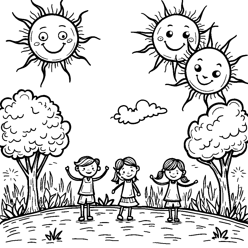 Three smiling suns shining down on a sunny day.