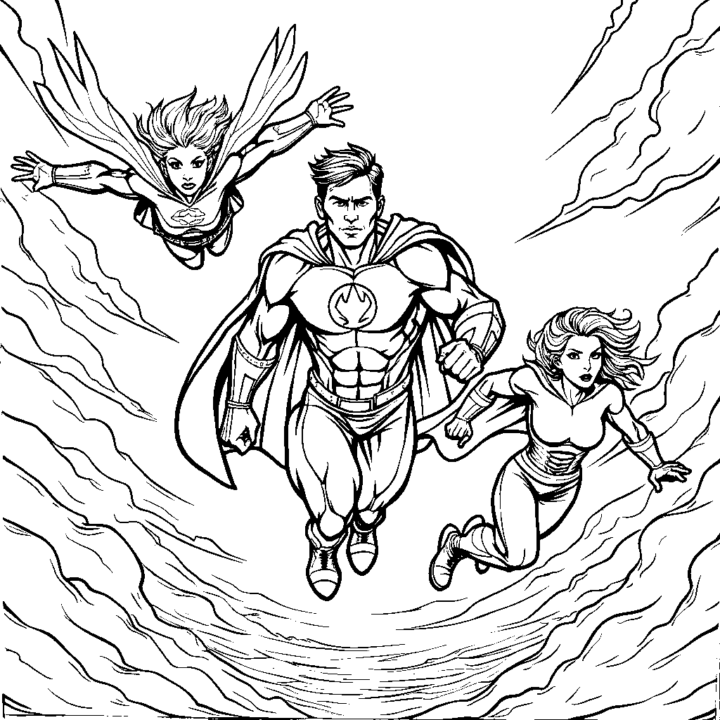 Three superheroes flying in the sky