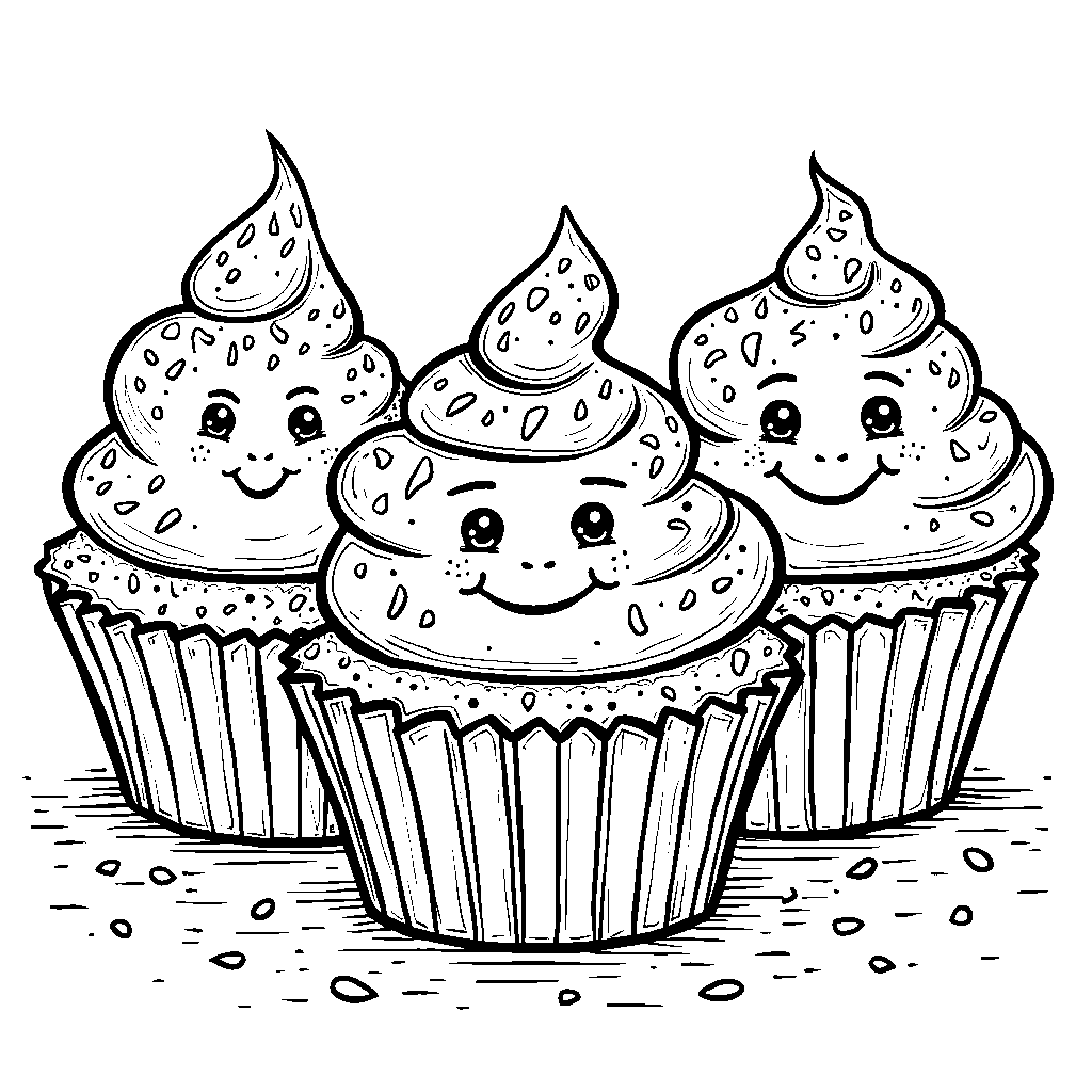 Three whimsical cupcakes with sprinkles and smiles.