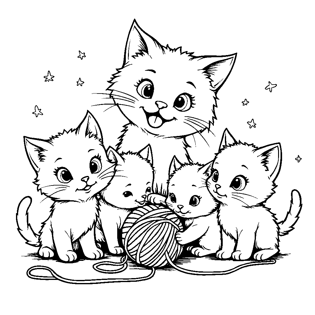 A cat with four kittens playing with yarn