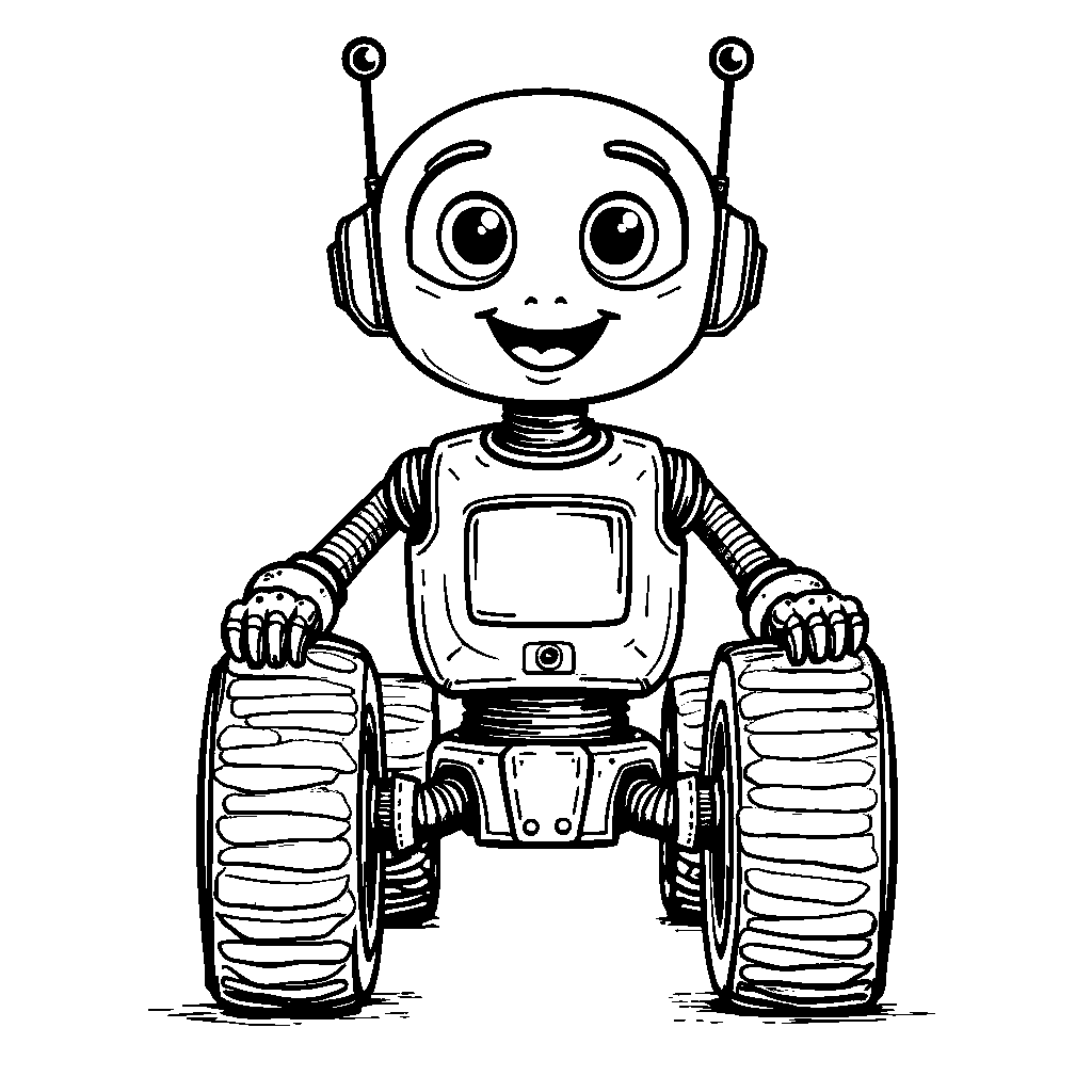 A robot with four wheels and a big smile