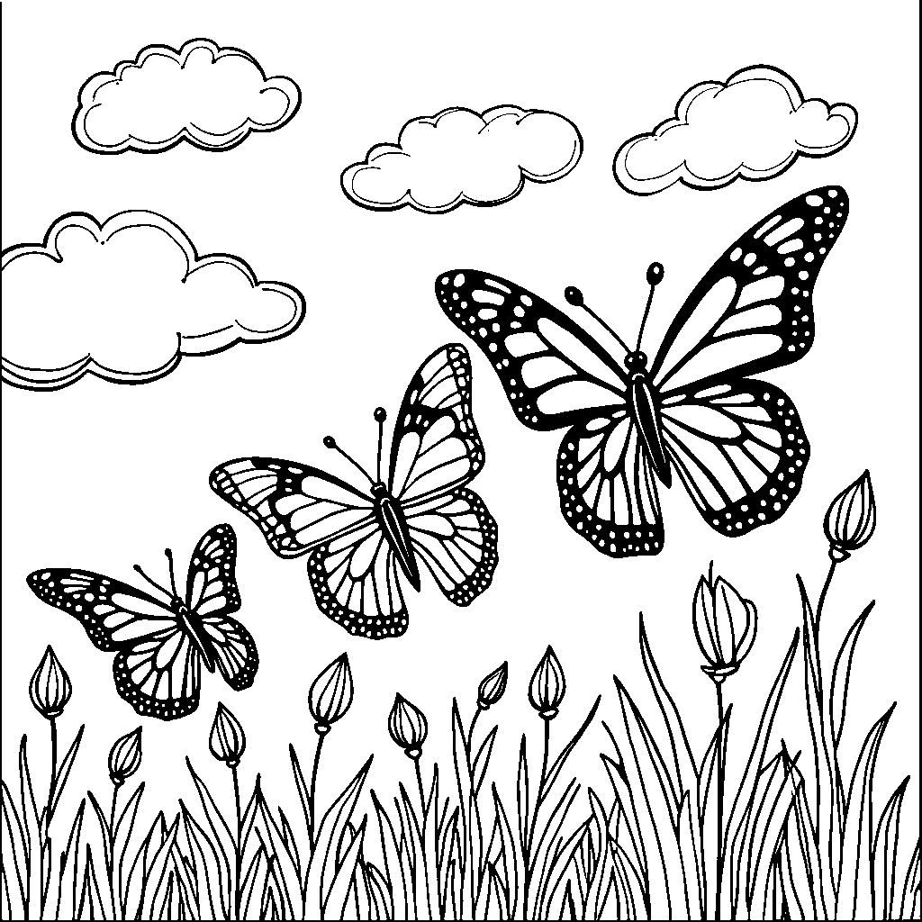 Four butterflies flying in a row