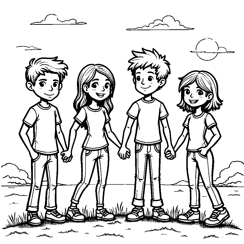 Four friends holding hands in a circle