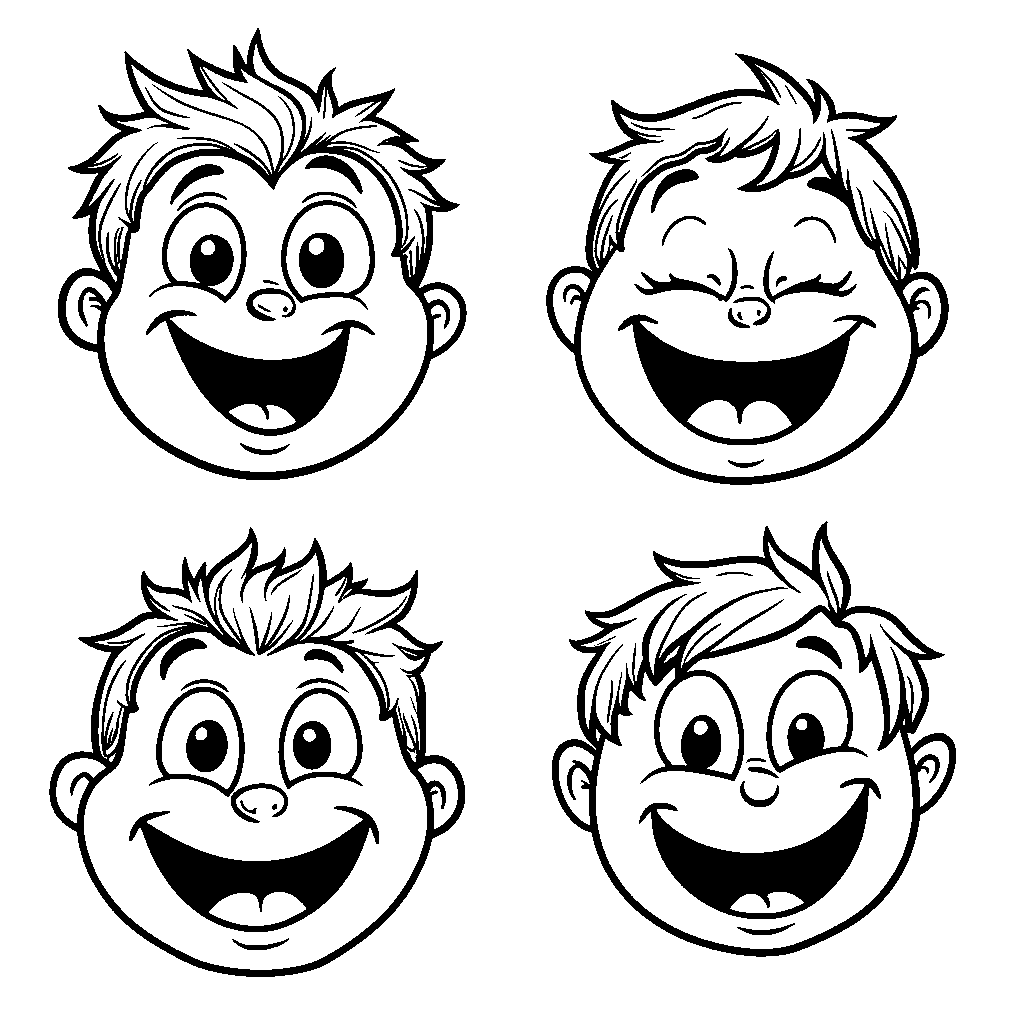 Four happy faces with different emotions