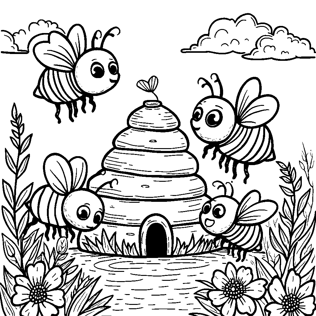 Four little bees buzzing around a hive