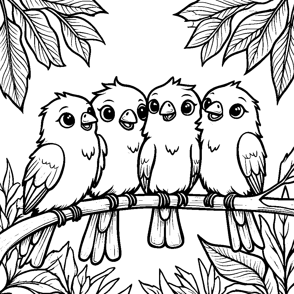 Four little birds perched on a branch