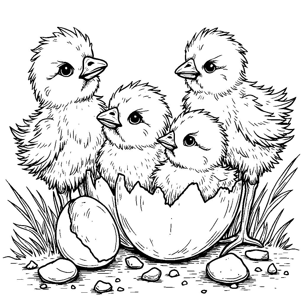 Four little chicks hatching from eggs