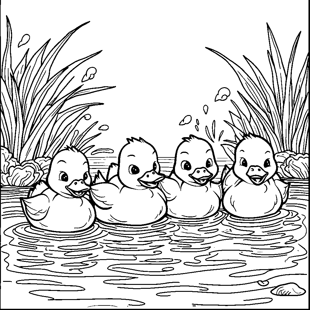 Four little ducks swimming in a row