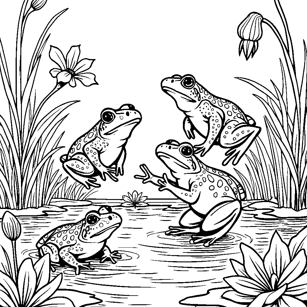 Four little frogs jumping in a pond