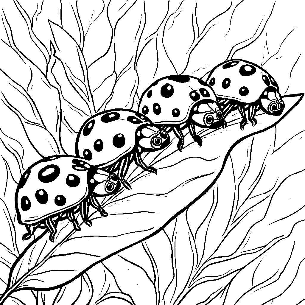 Four little ladybugs crawling on a leaf