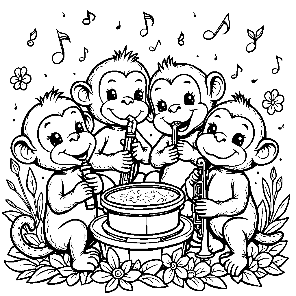 Four little monkeys playing musical instruments