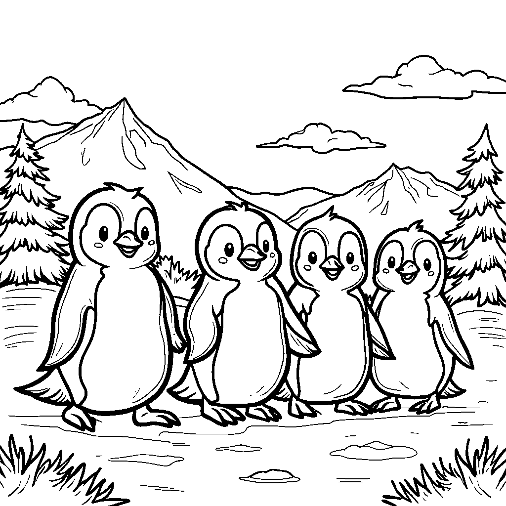 Four little penguins waddling in a line