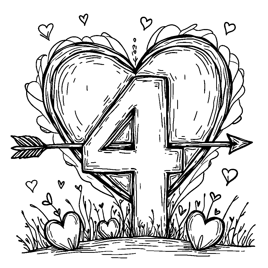 A number 4 shaped like a heart with an arrow