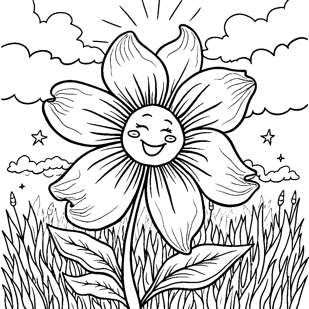 A five-petaled flower with a smiling face