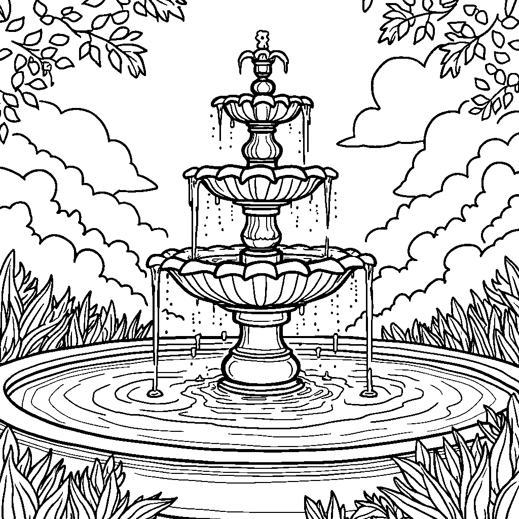 A five-tiered fountain with sparkling water