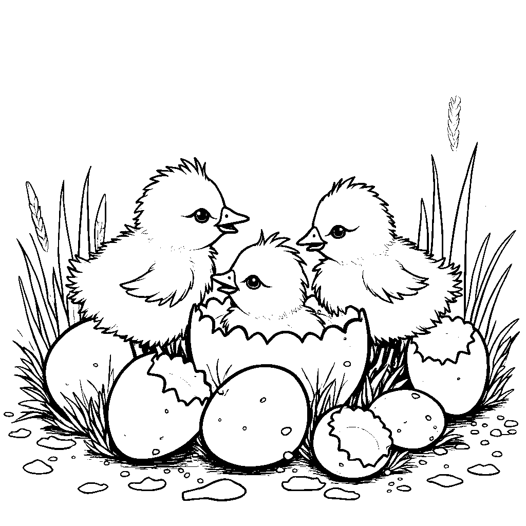 Five baby chicks hatching from eggs