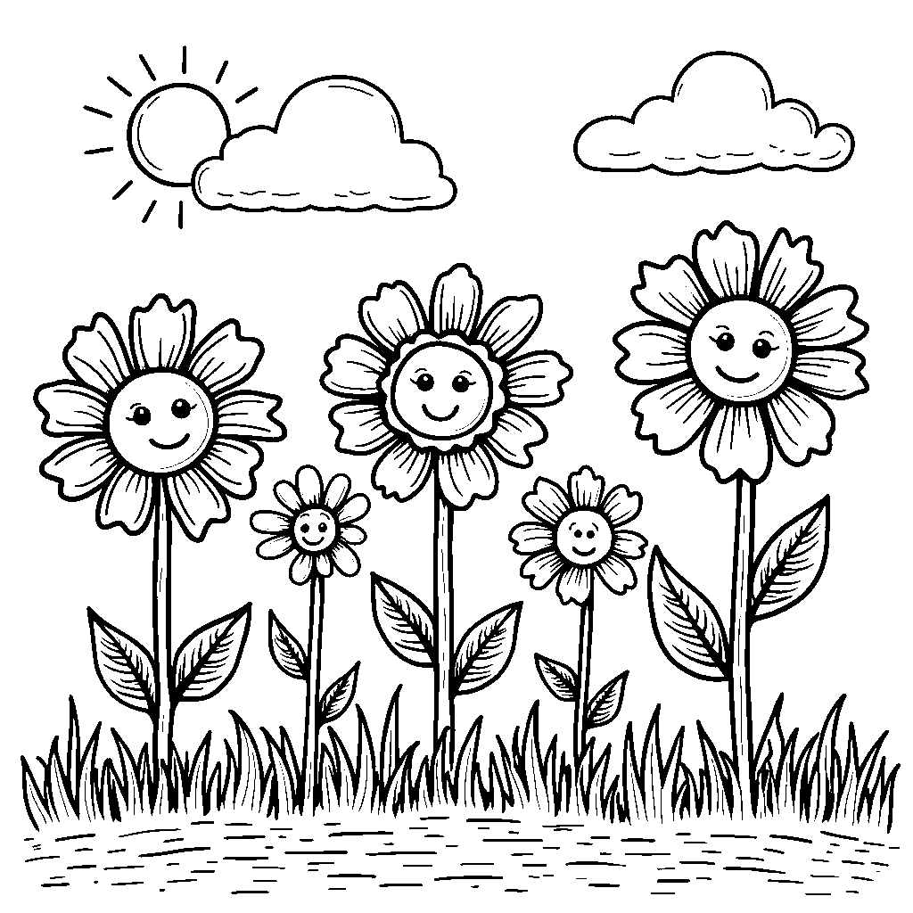 Five happy flowers growing in a row