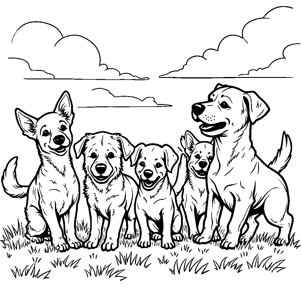 Five little dogs playing fetch together