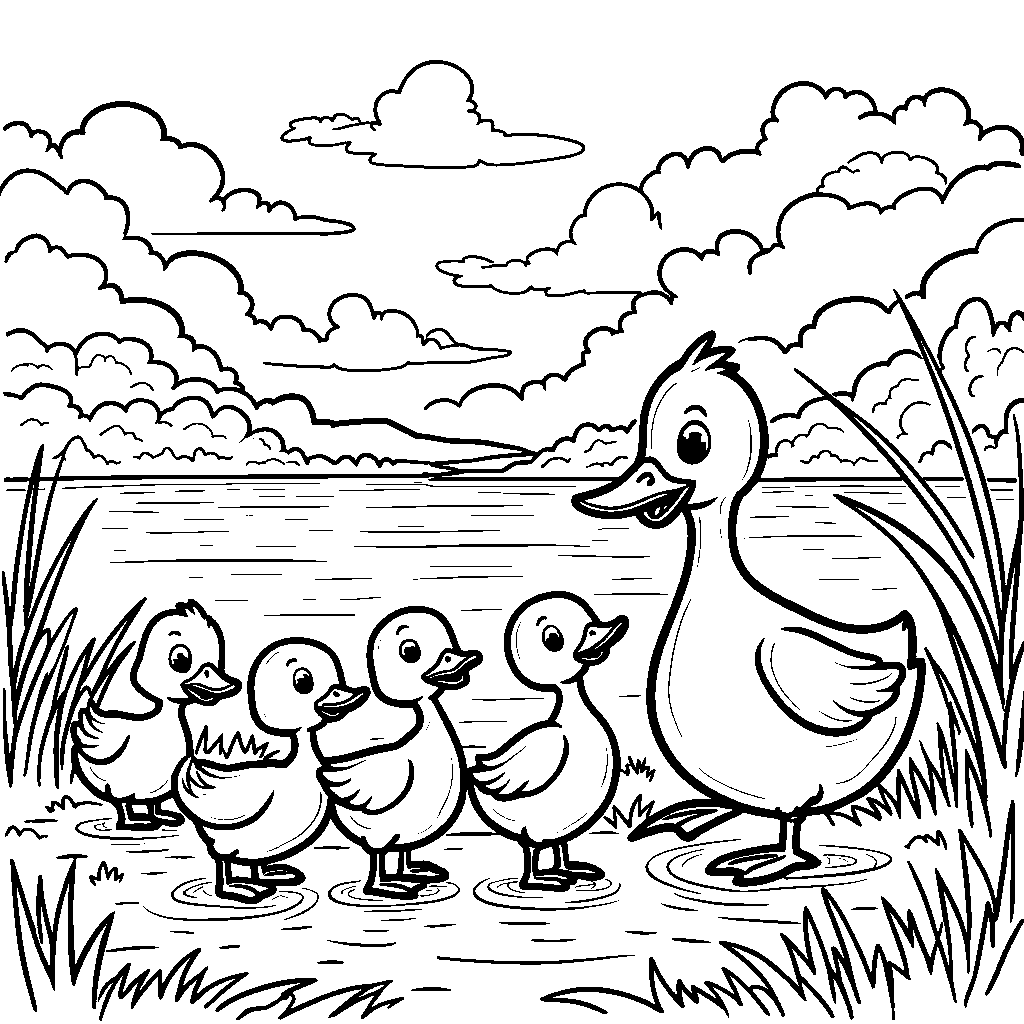 Five little ducks following their mom