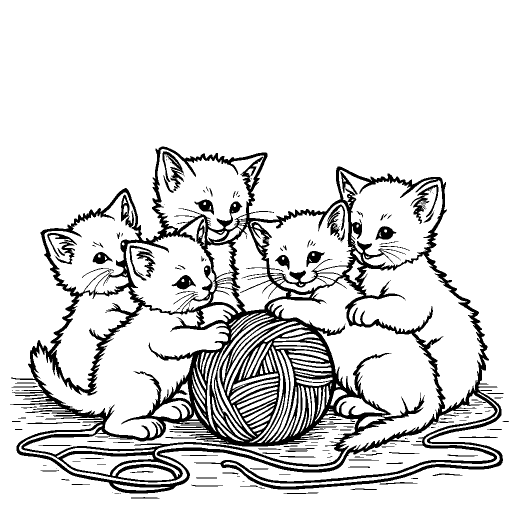 Five little kittens playing with yarn