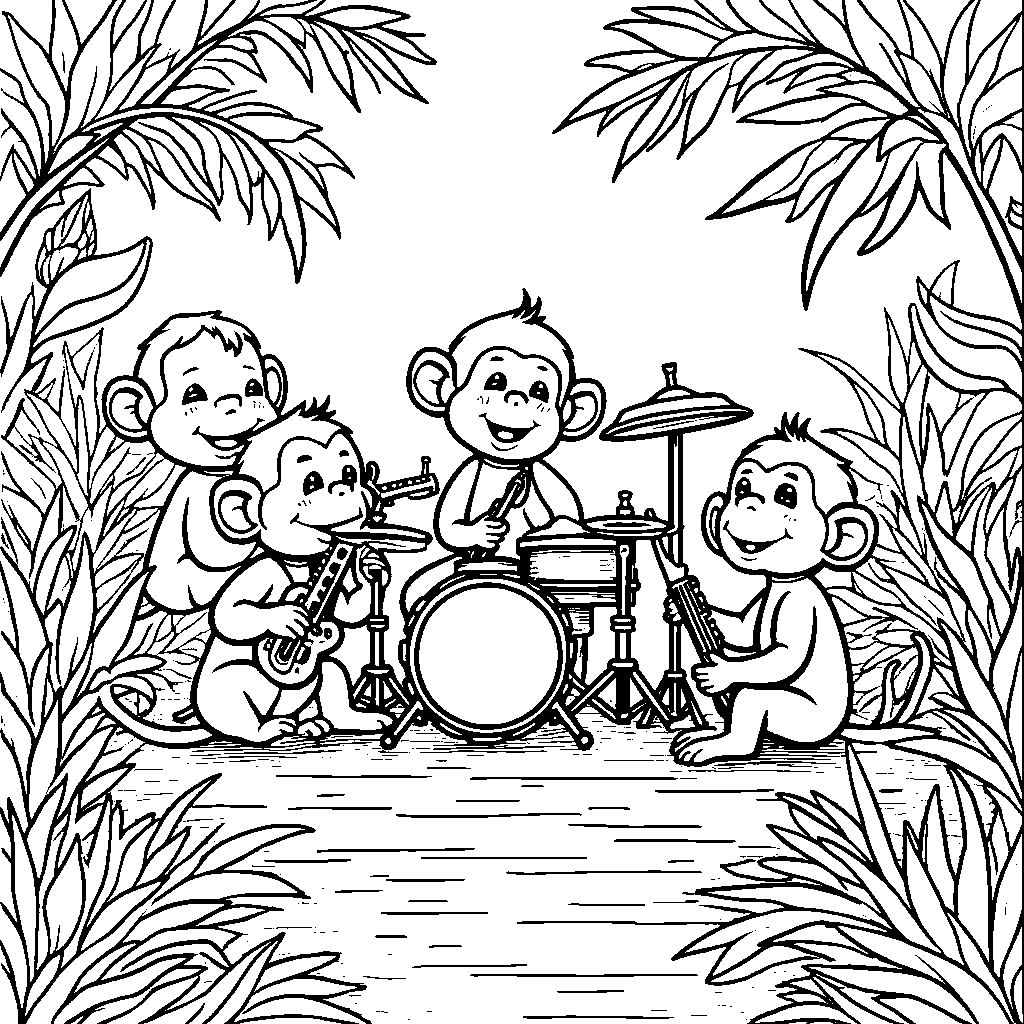 Five little monkeys playing musical instruments