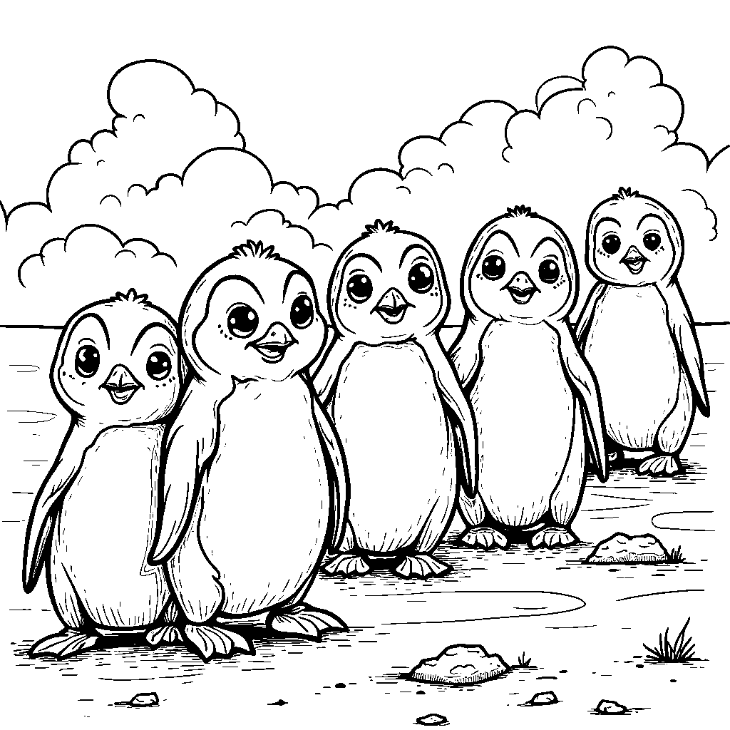 Five little penguins waddling in a line