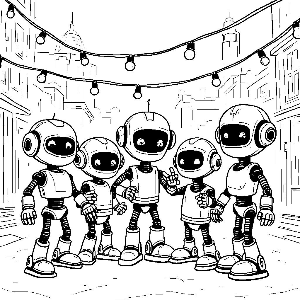 Five little robots having a dance party