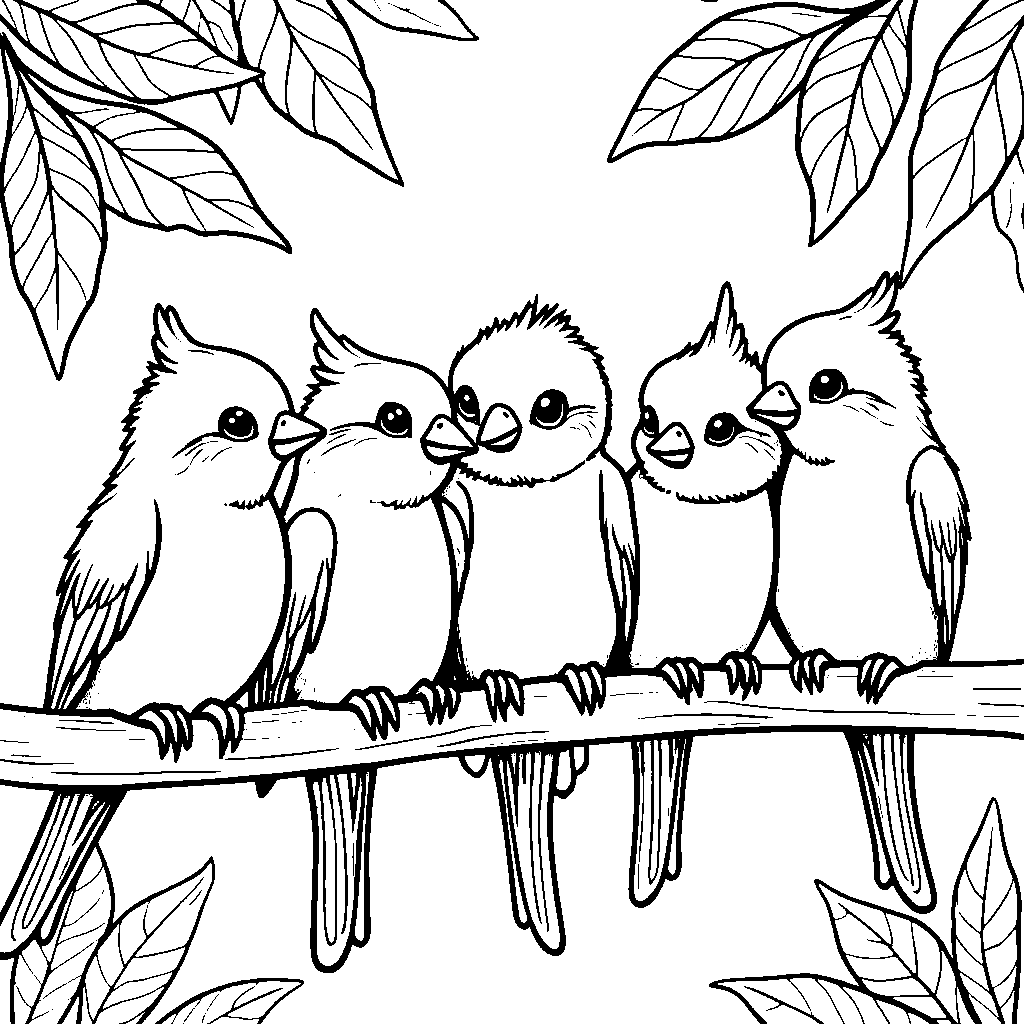 Five tiny birds perched on a branch