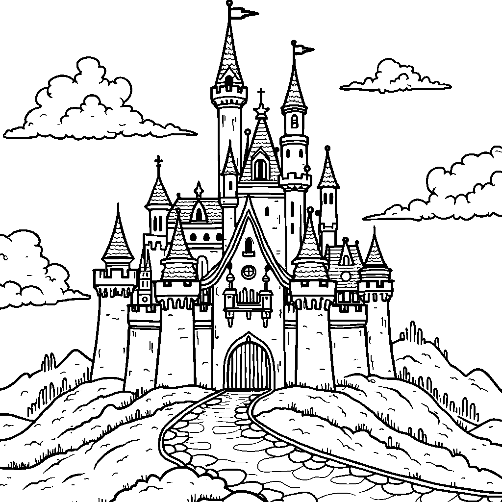 A castle with six tall towers