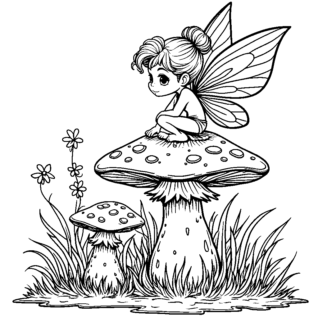 A fairy sitting on a mushroom with six spots