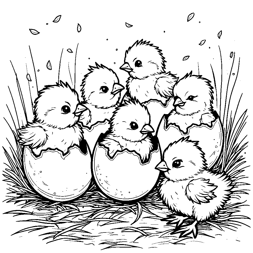 Six baby chicks hatching from eggs