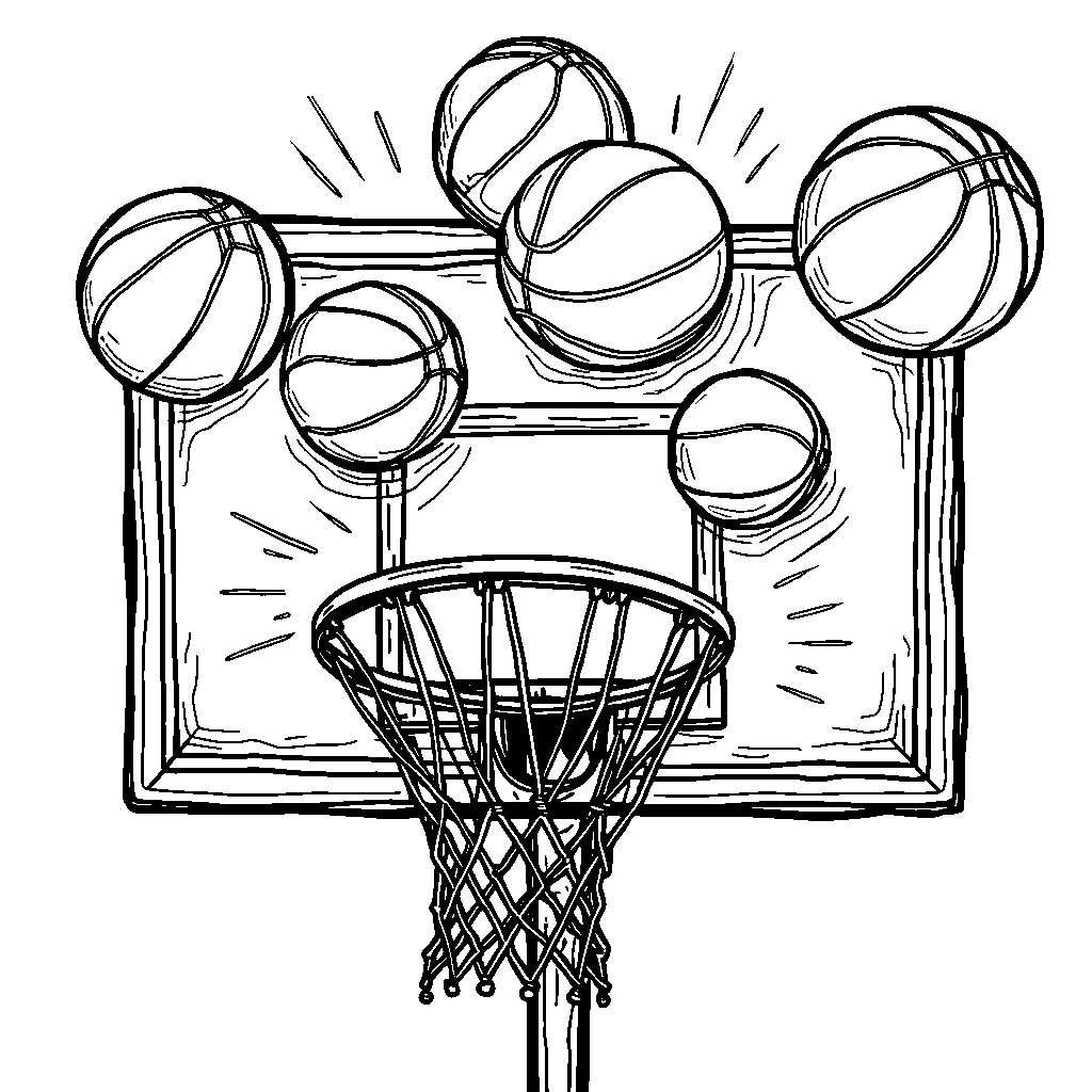 Six balls bouncing in a basketball hoop