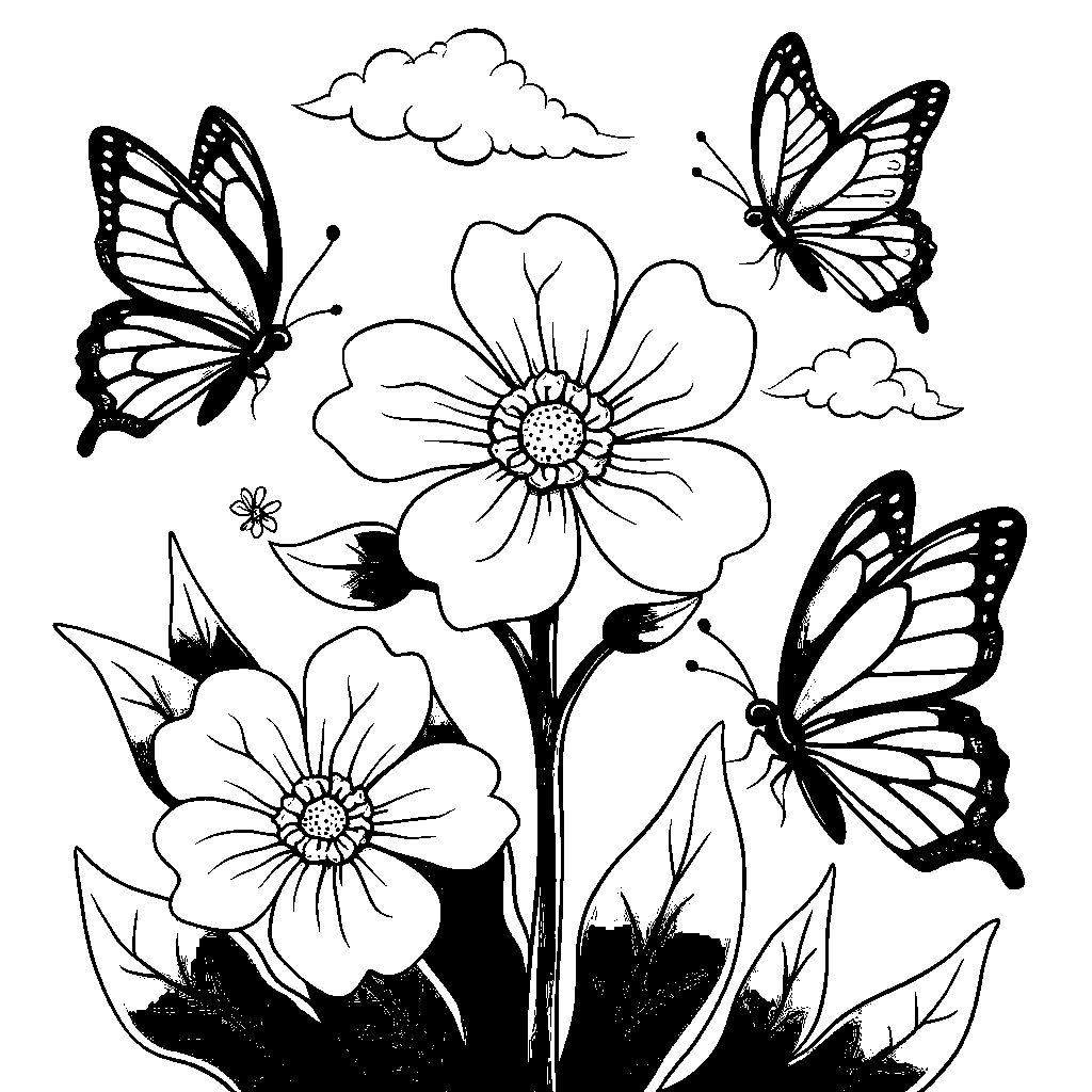 Six butterflies fluttering around a flower