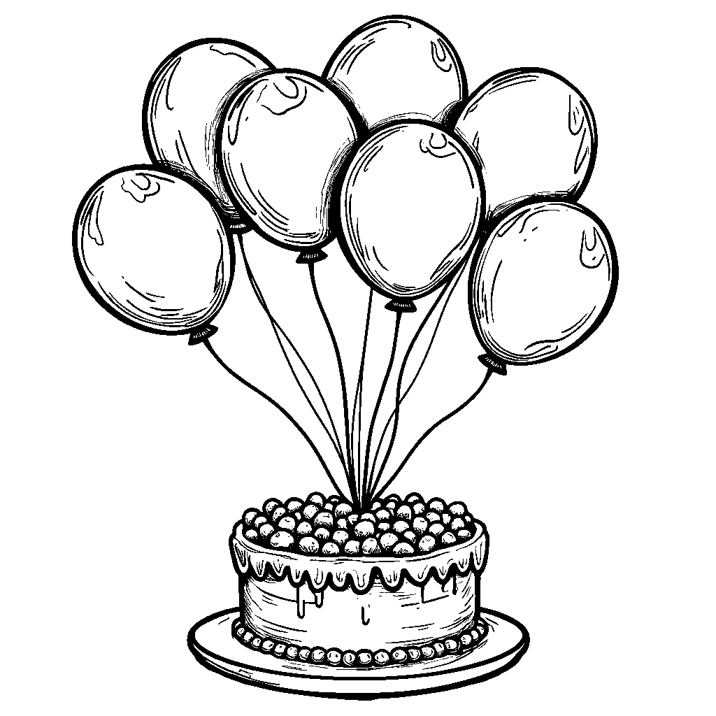 Six colorful balloons tied to a birthday cake