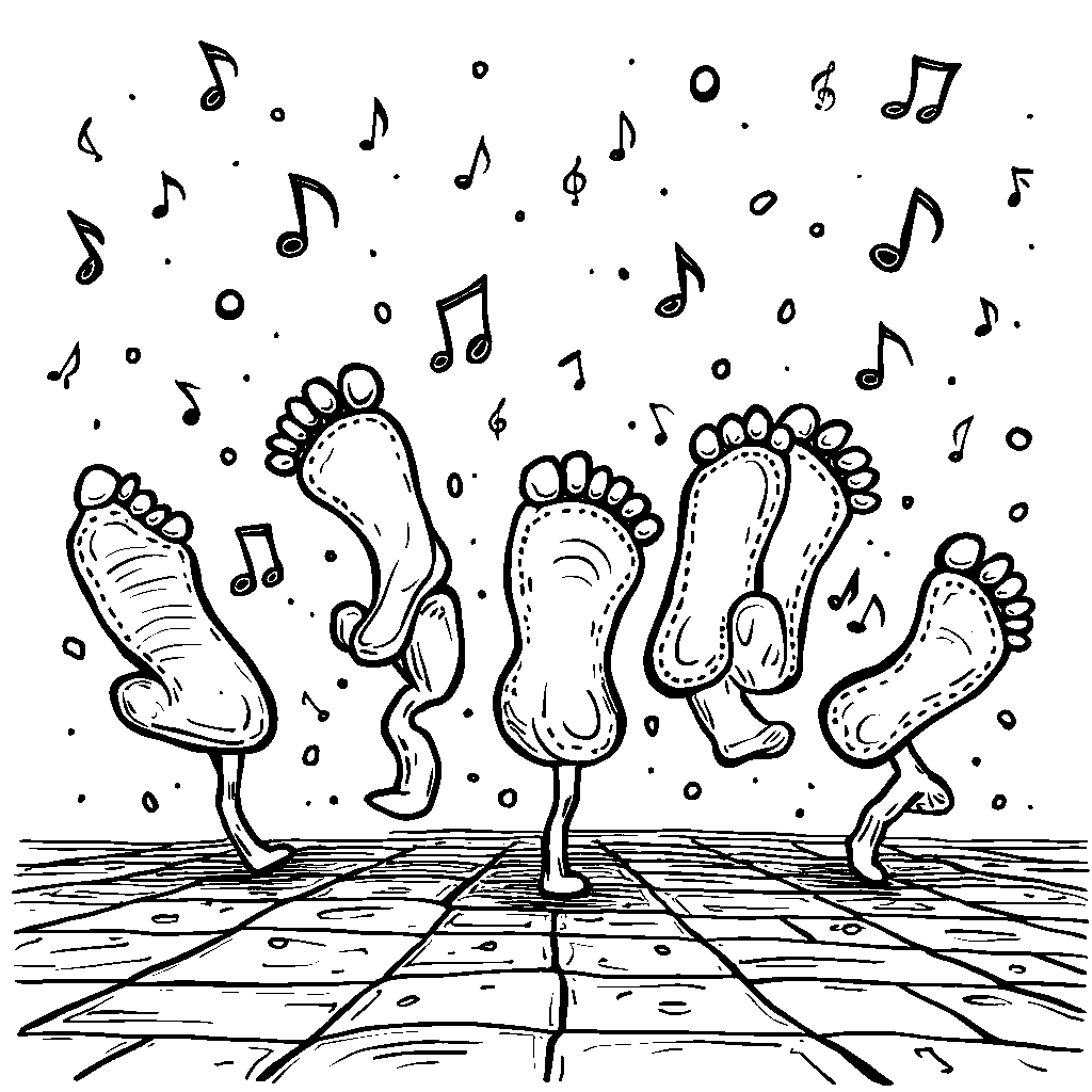 Six happy feet dancing on a floor