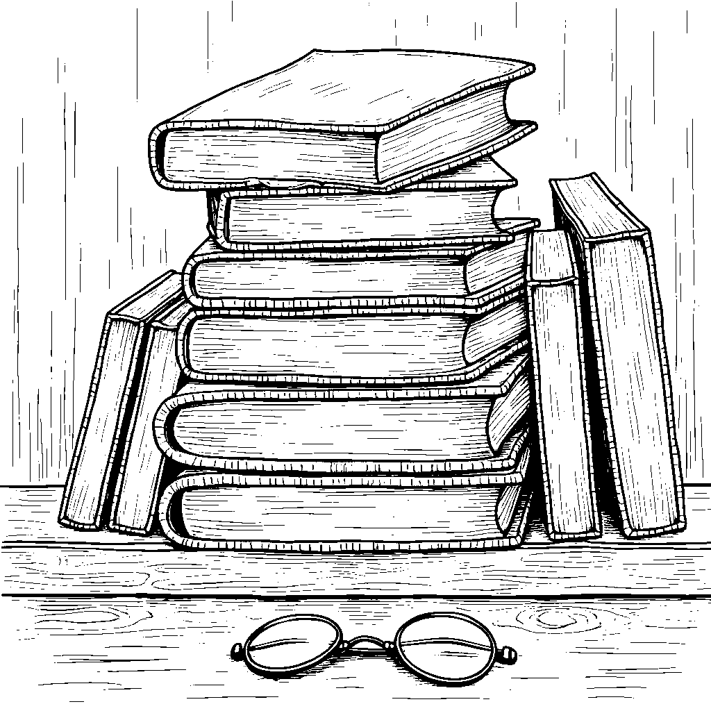 Six little books stacked on a shelf