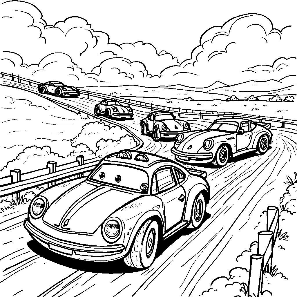 Six little cars racing on a track