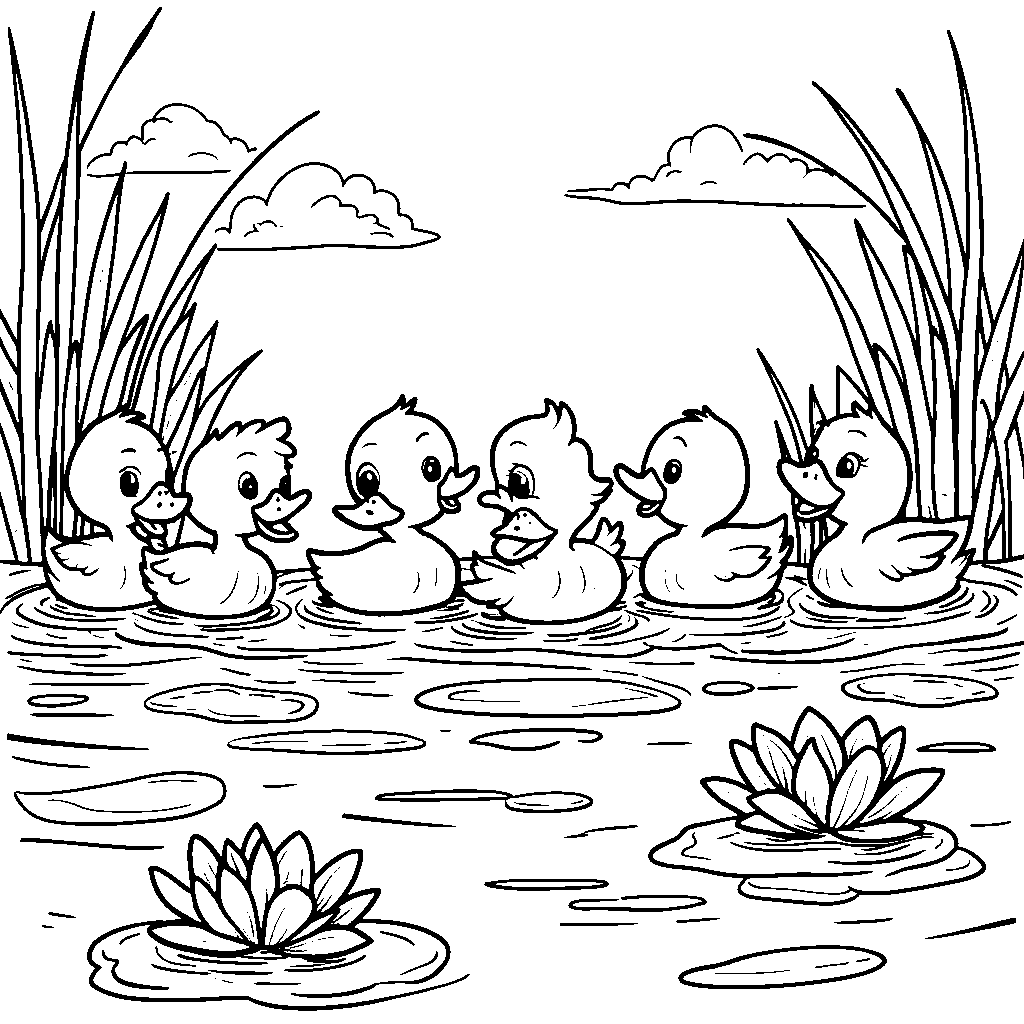 Six little ducks swimming in a row