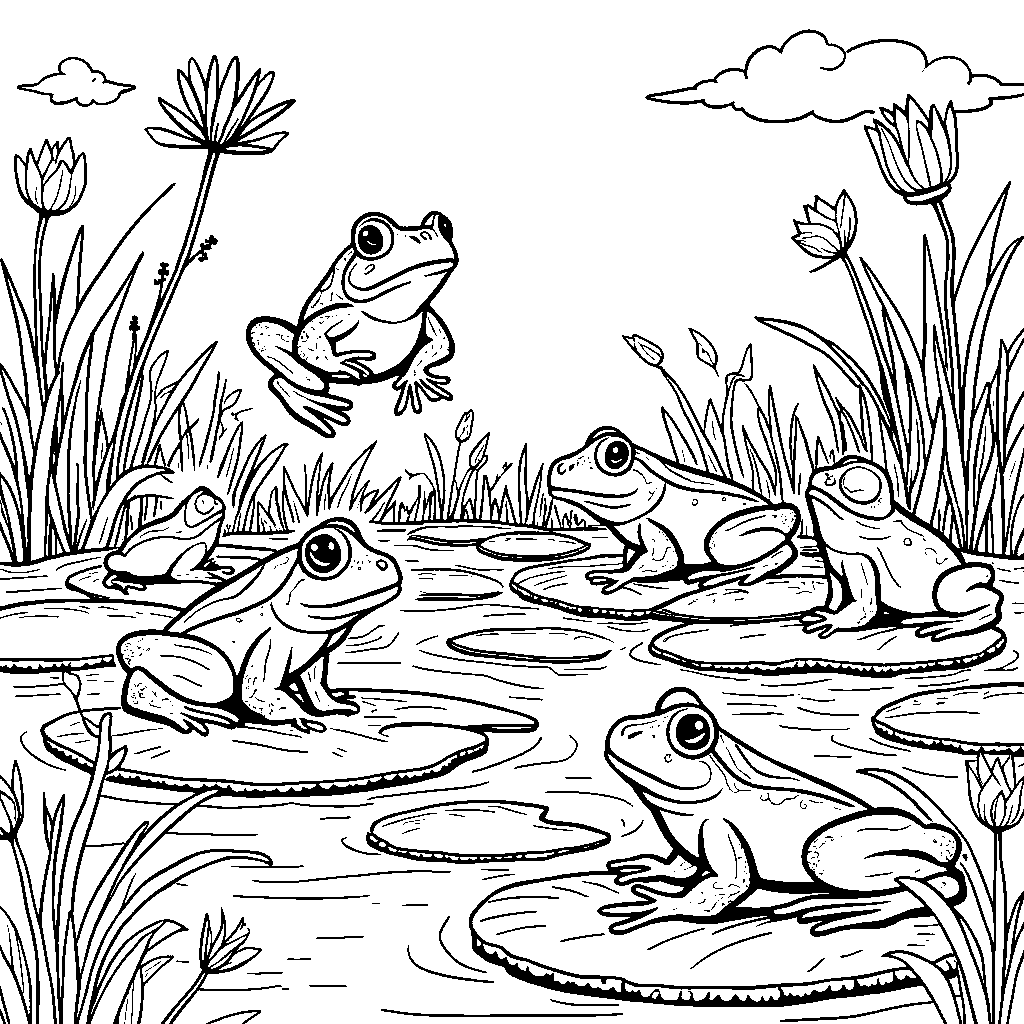 Six little frogs jumping on lily pads